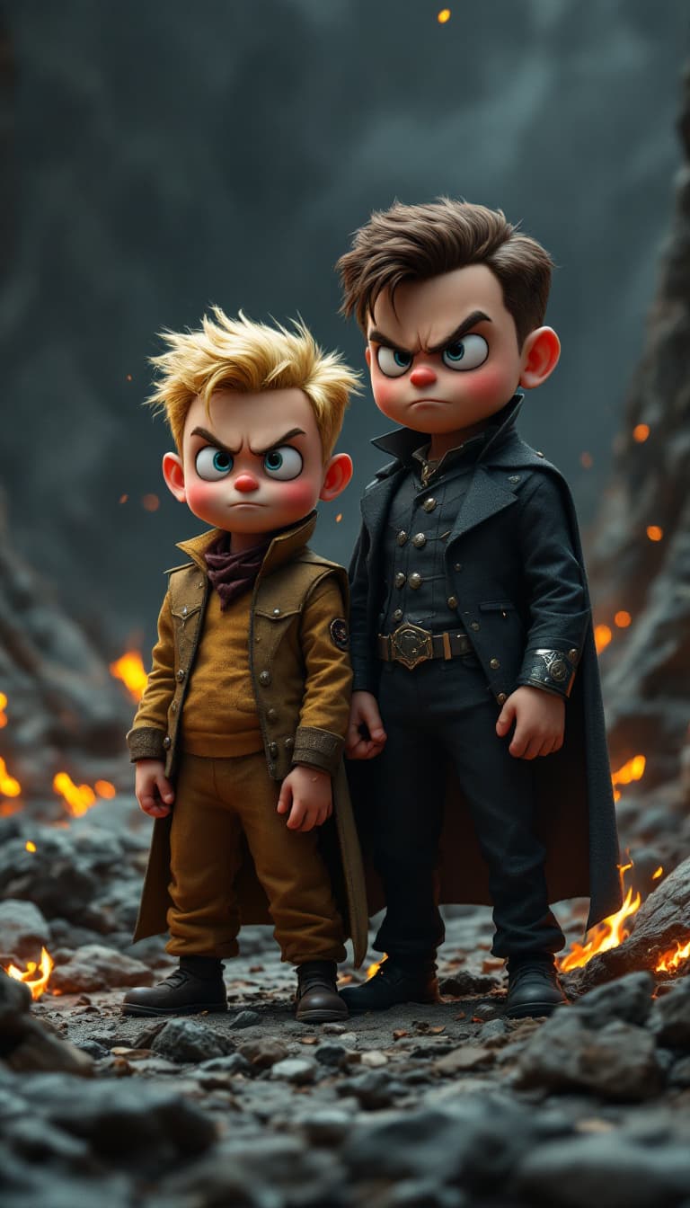 AI generated: Envision a fully body portrait of Richie rich  and Cadbury butler cartoon characters as    super her...
