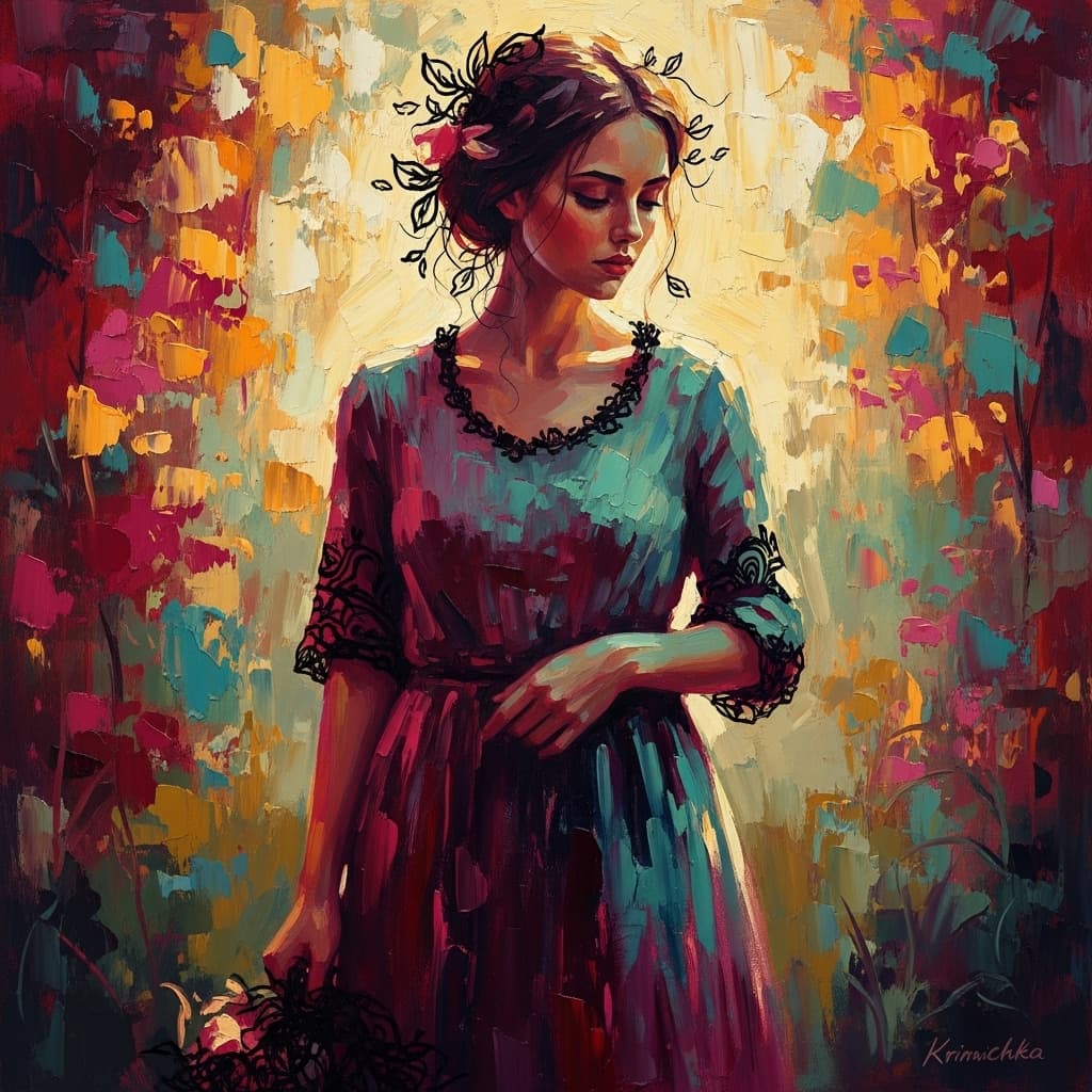 AI generated: Prompt:  A richly colored painting of a woman standing in a sunlit garden. Her figure is softly text...