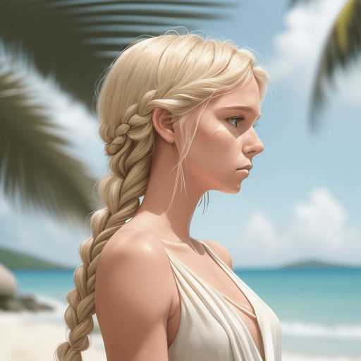 AI generated: An image of a young woman in a tropical beach setting. She has light blonde hair in a loose, texture...