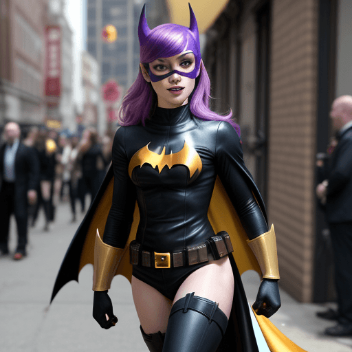 AI generated: Charlie Murphy irish actress walking dressed as Batgirl