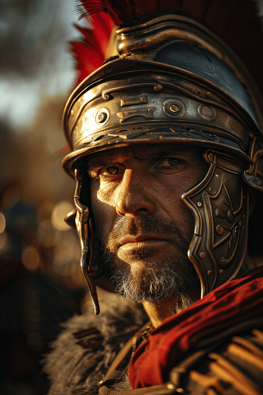 AI generated: Extreme low angle photo of a Roman legionary wearing his helmet and armor, he is awaiting for the st...