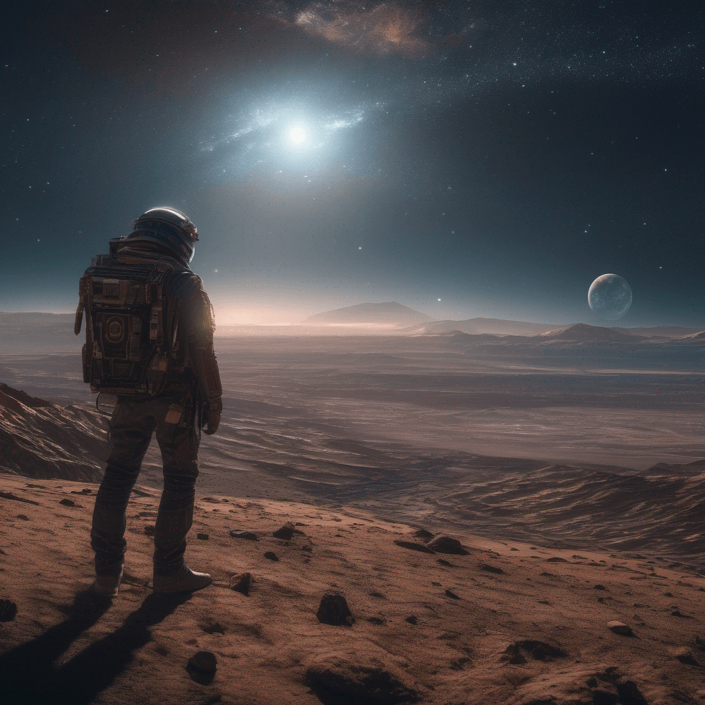 AI generated: An incredible detailed portrait of a vast alien landscape with a space cowboy stargazing, planets co...
