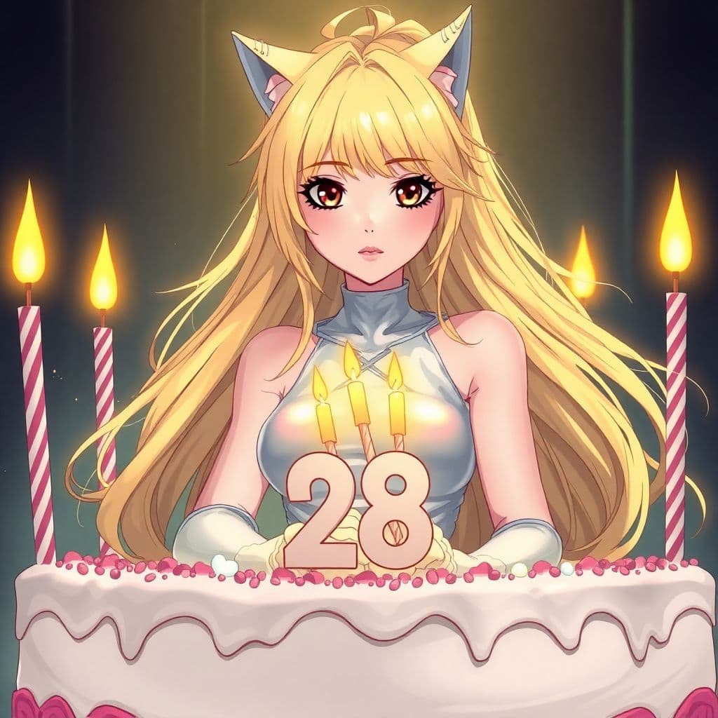 AI generated: a full body anime style illustration of a woman with blond long hair, siting in a huge birthday cake...