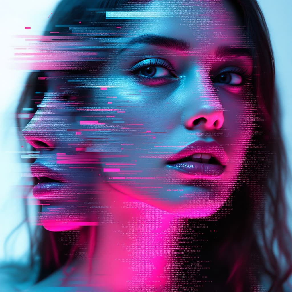 AI generated: A glitched portrait, inspired by the works of Yael Kanarek. The subjects face is fragmented and dist...