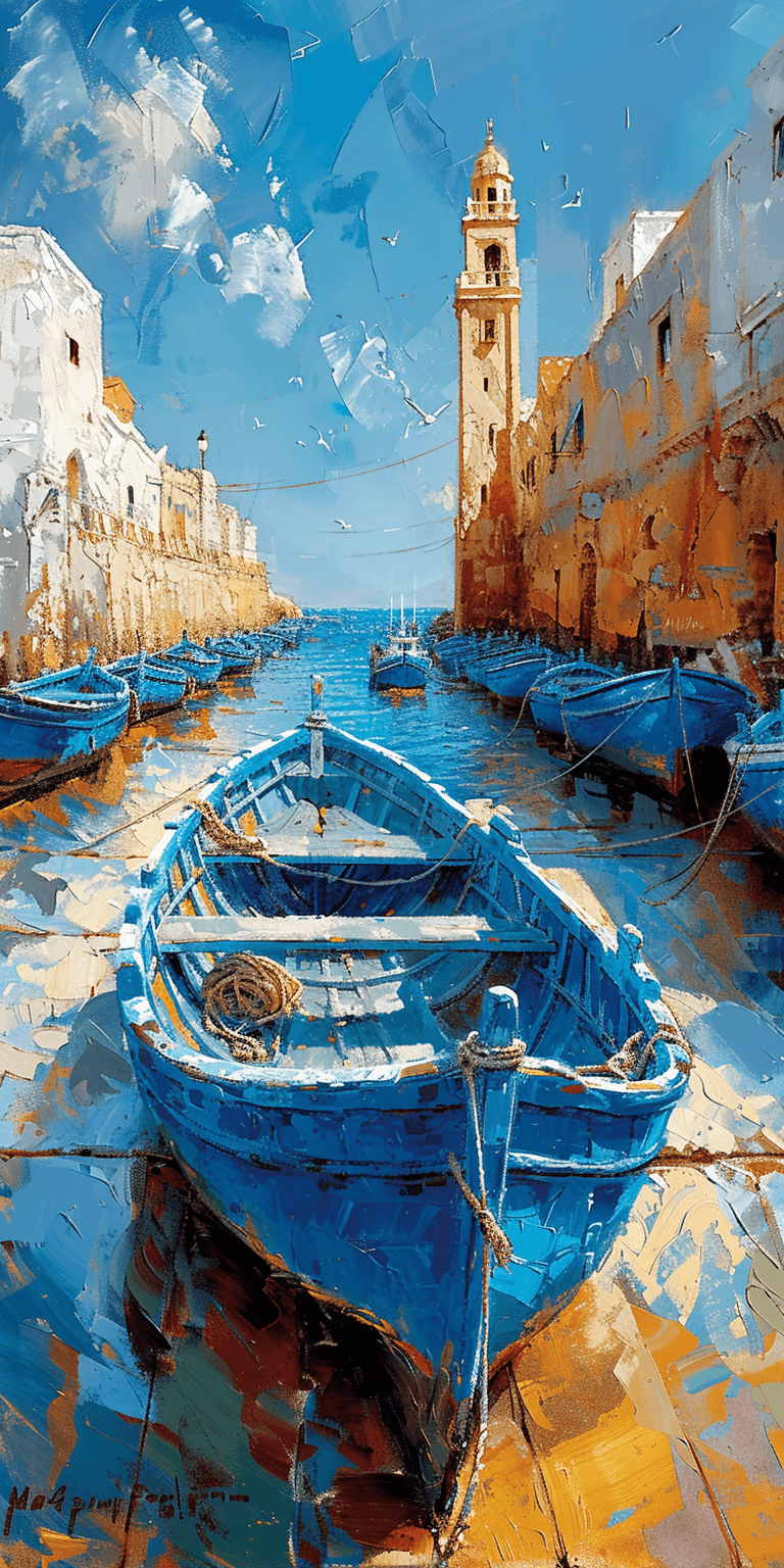 AI generated: boukaabka port, blue fishing boats a city scene, in the style of the snapshot aesthetic, claude mone...