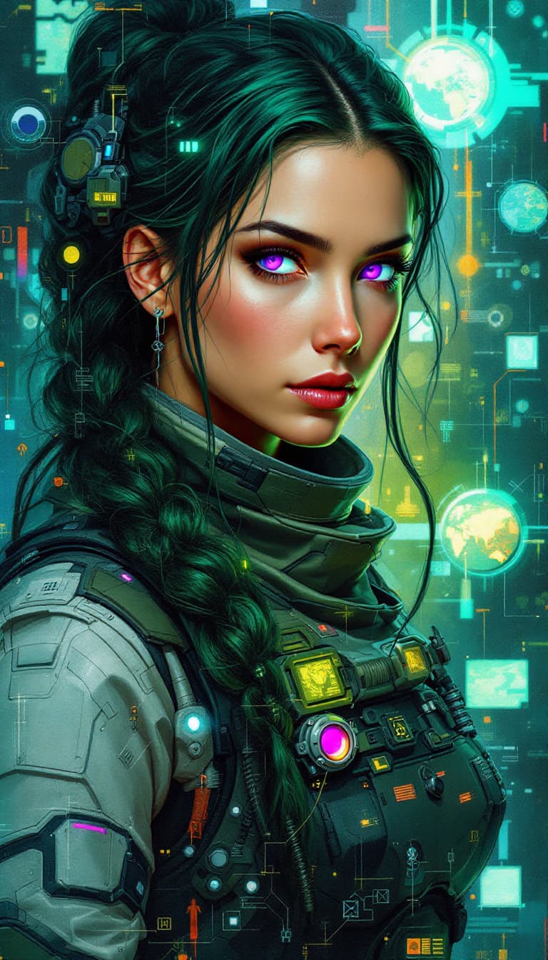 AI generated: "Veridian Tactician in a Holographic Realm": A captivating abstract painting portrays a tactician, w...