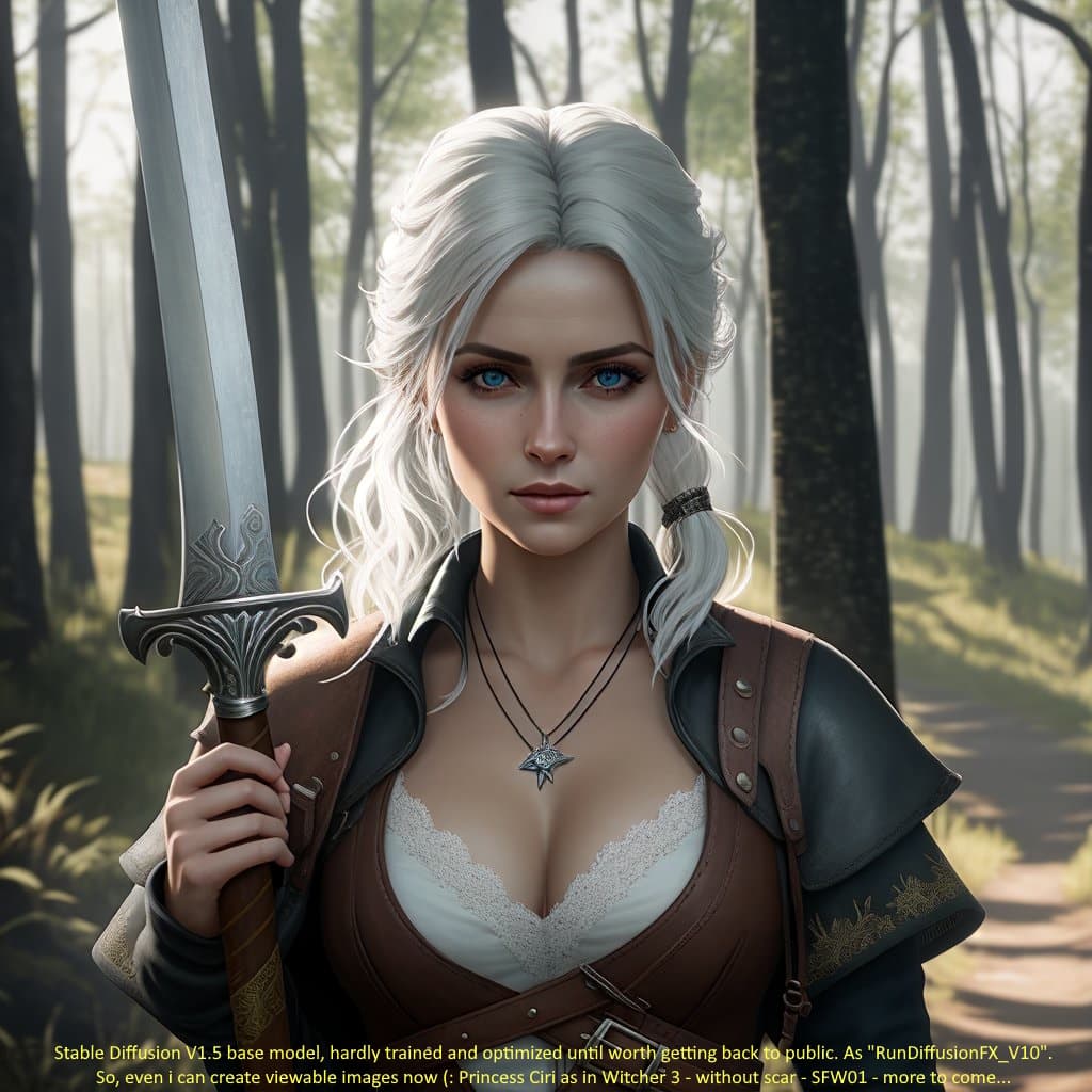 AI generated: georgeous female dressed like Princess Ciri from Witcher 3 game, long white hair, holding a sword in...