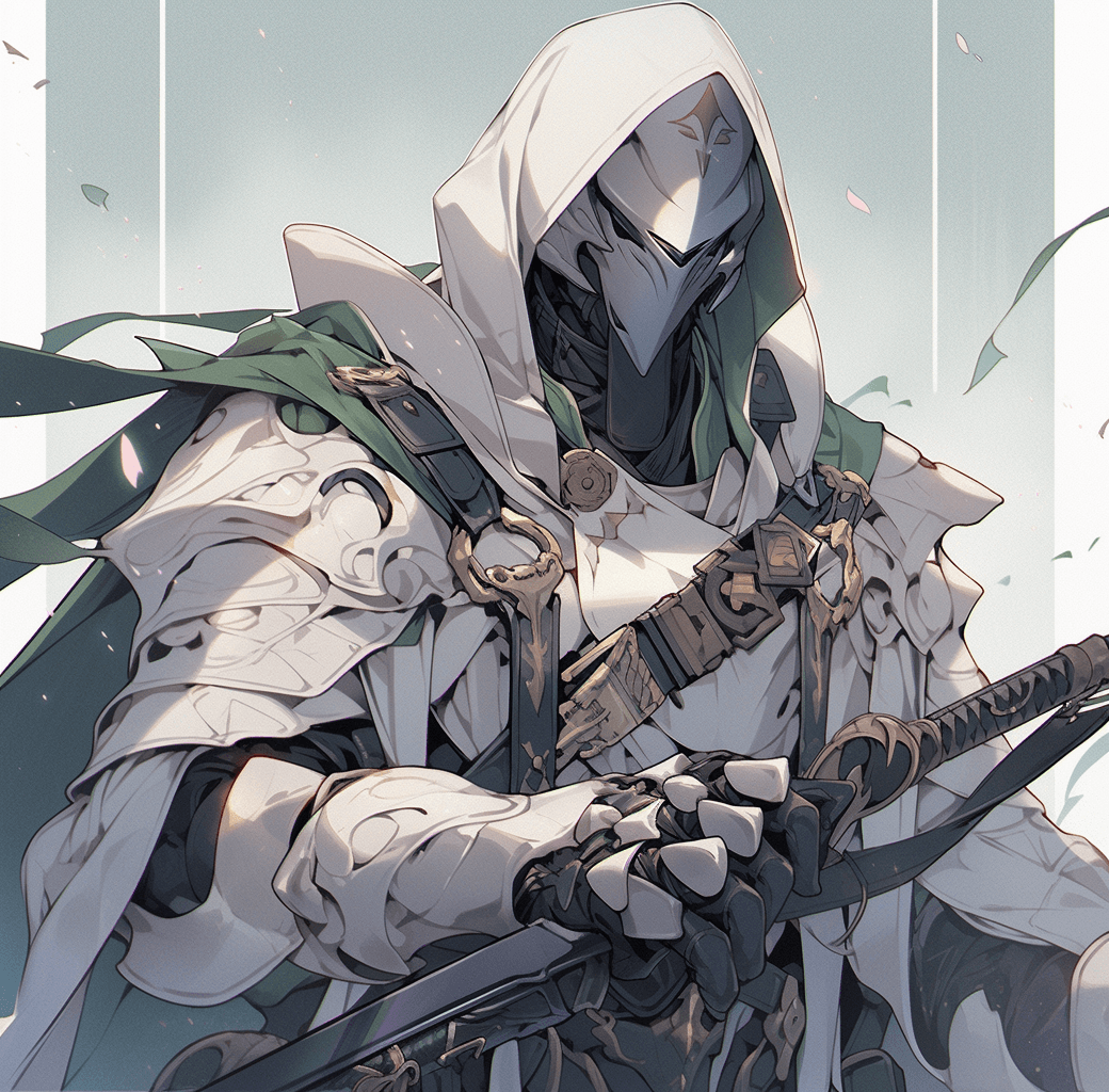 AI generated: a character in white armor is holding a sword, in the style of dark green and gray, realistic portra...