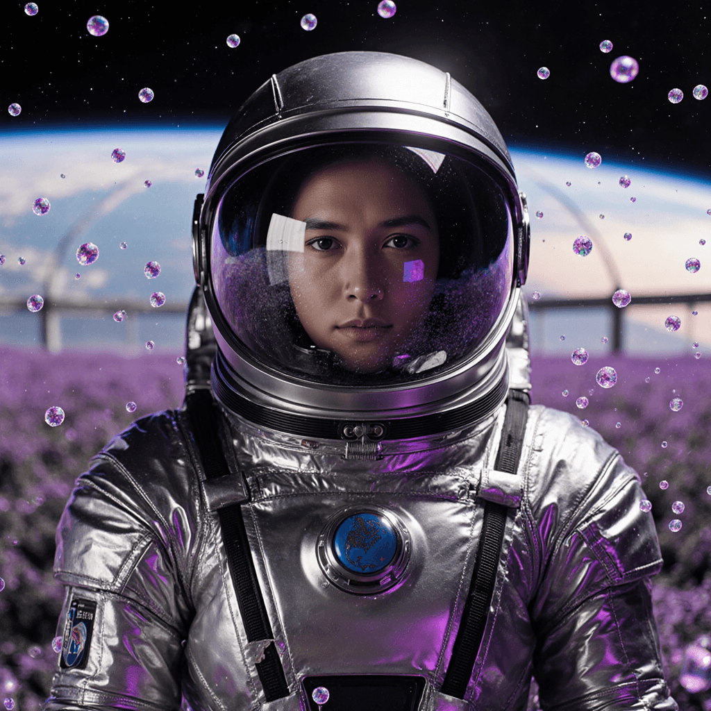 AI generated: a cinematic portrait of a zero-G botanist in reflective silver biosuit in soft violet nebula glow ag...