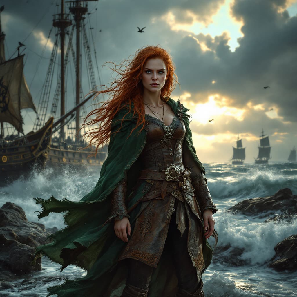 AI generated: Gráinne O'Malley, the legendary Irish pirate queen, stands defiantly at her rugged sea port, her sta...
