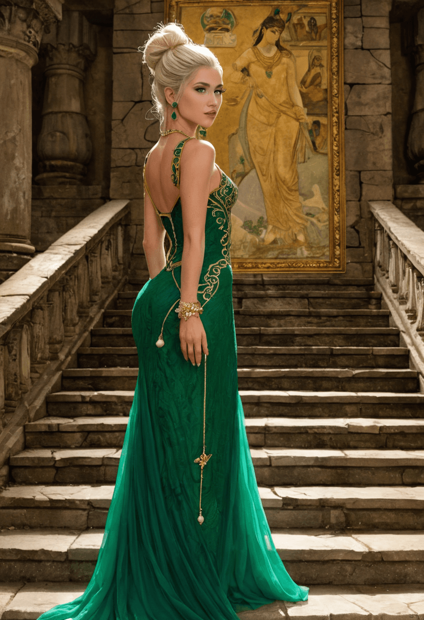 AI generated: comic An ethereal woman with alabaster skin and piercing green eyes,her hair in a high chignon and a...