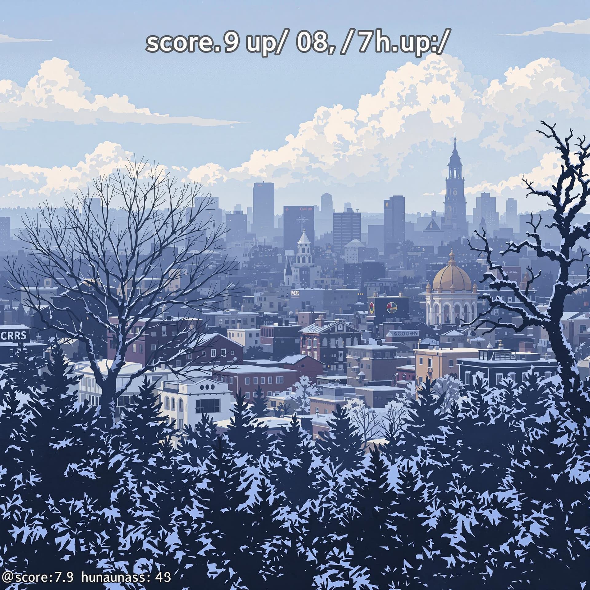 AI generated: score_9, score_8_up, score_7_up, no humans, scenery, day, building, city, cloud, outdoors, overgrown...