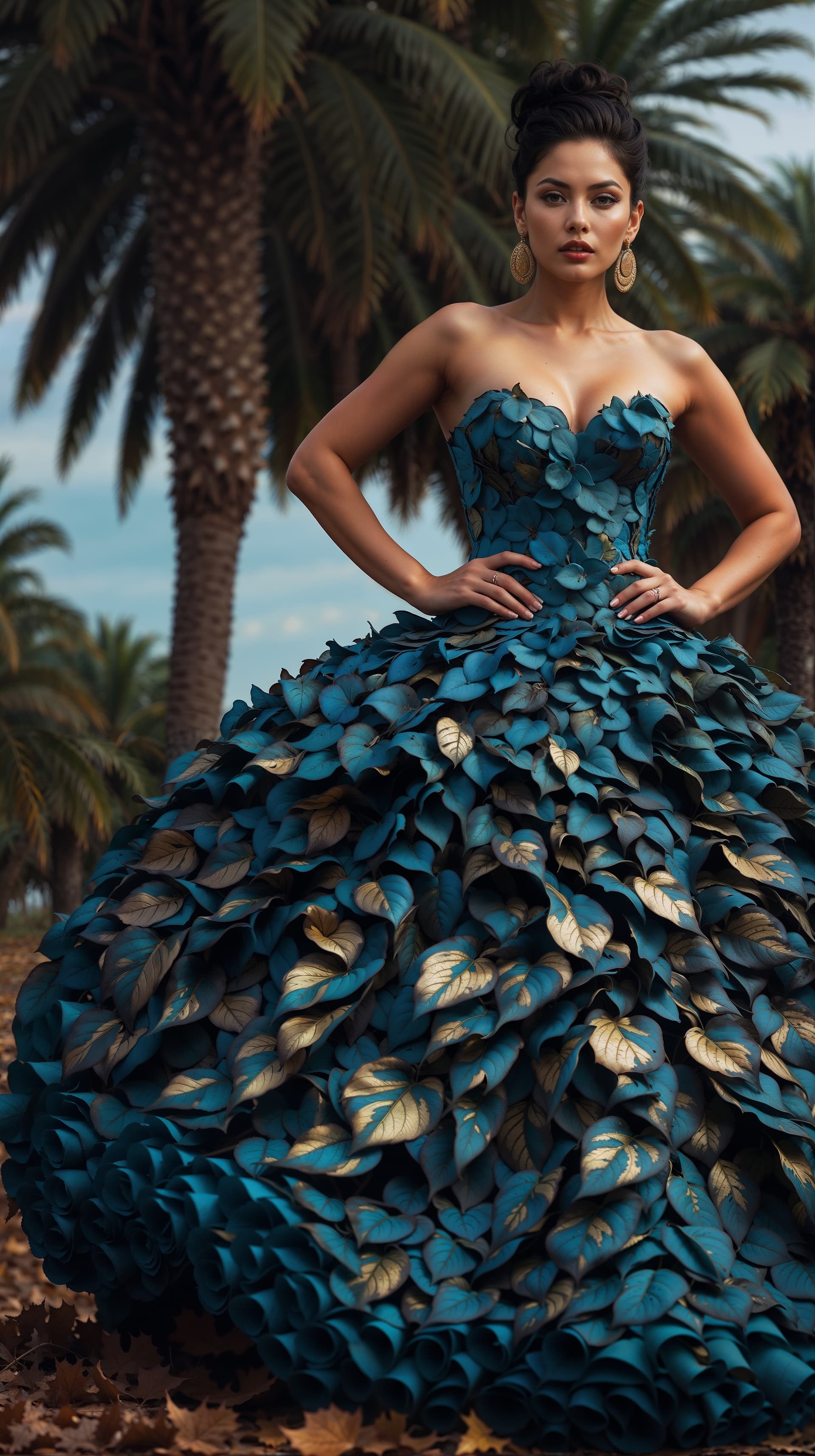AI generated: A full body photorealistic beautiful dress made entirely of leaves with blue apple texture, rose pat...