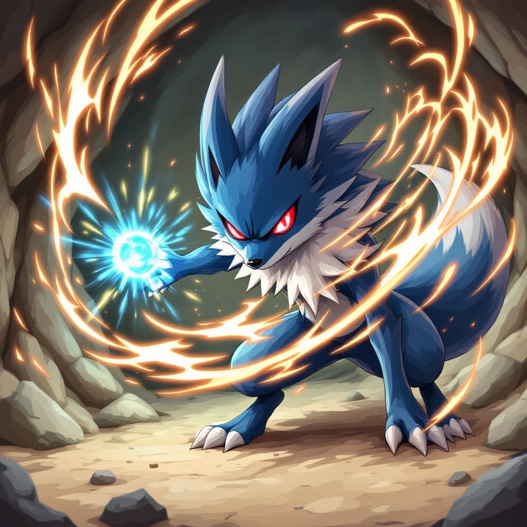 AI generated: lucario, red eyes,  attack stance, casting a blue energy ball, detailed, professional lights, spikes...