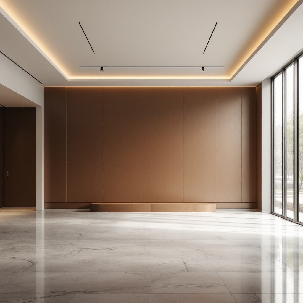 AI generated: High resolution interior design photography, reception room, with a wide brown wall that has no deco...