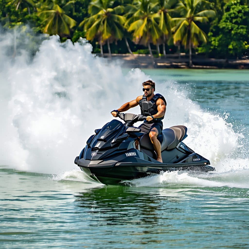 AI generated: General outline of a latest model black yamaha jet ski, 3 seater sitting a calm water with steam com...
