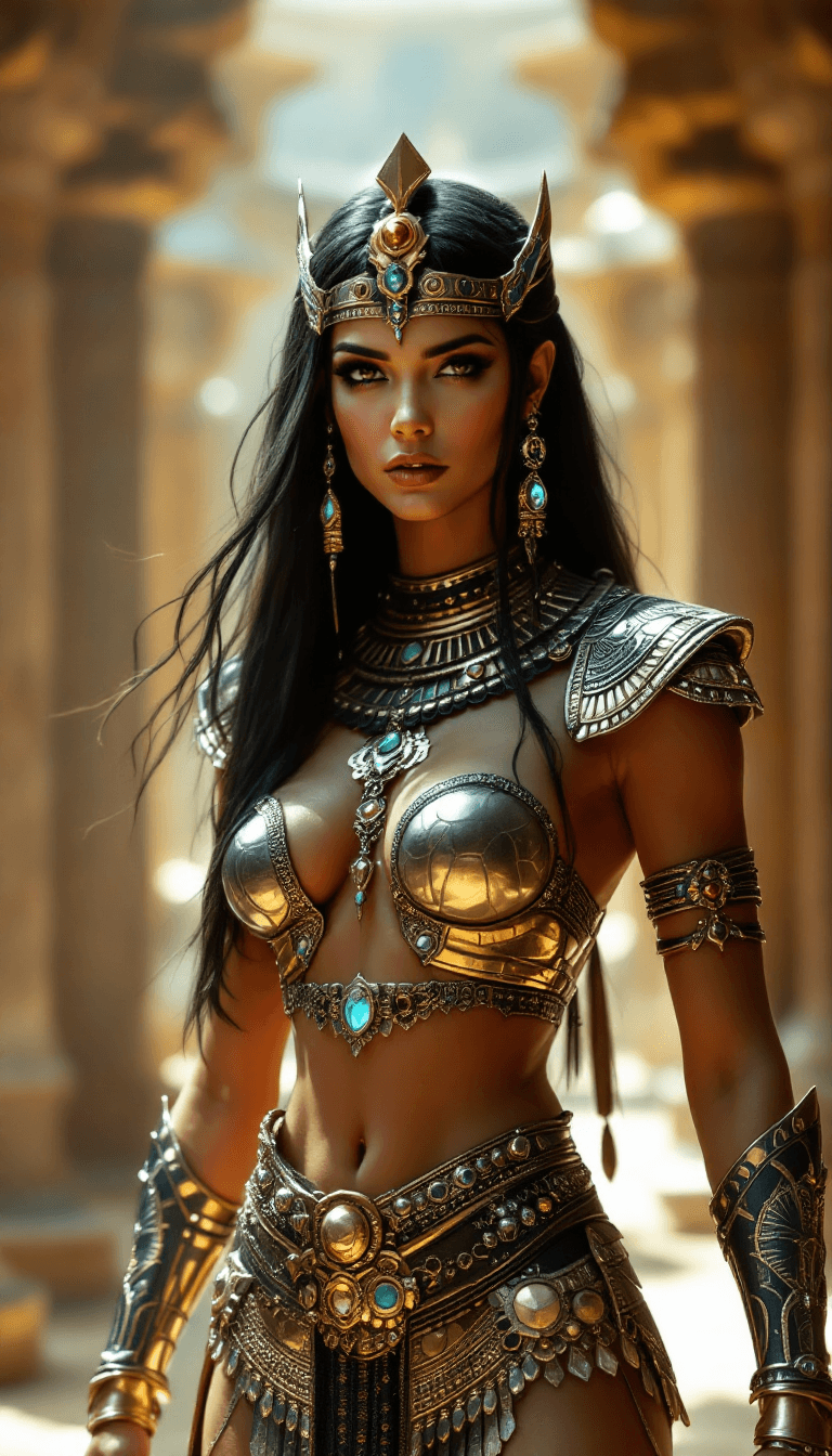 AI generated: Kleopatra, egypt god, fantasy light armor withe many accessories and detailles, beauty, 4k, ultra hd...