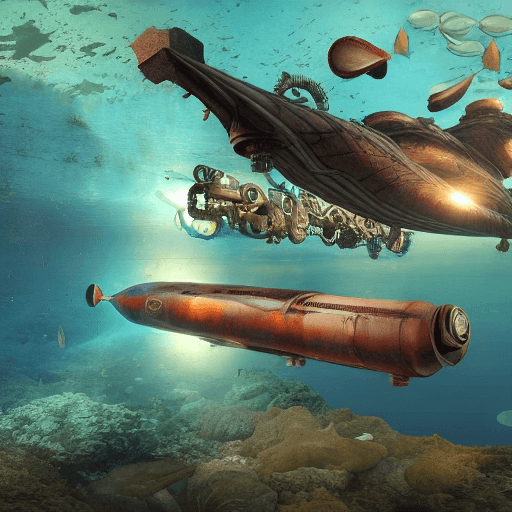 AI generated: High resolution a fractal underwater landscape with a steampunk submarine