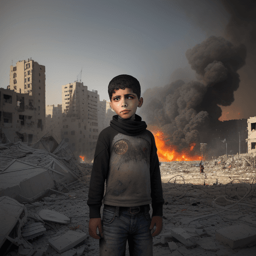 AI generated: A realistic image of a palestinian young Boy , 13 years old, in a war gaza city, her facial expressi...