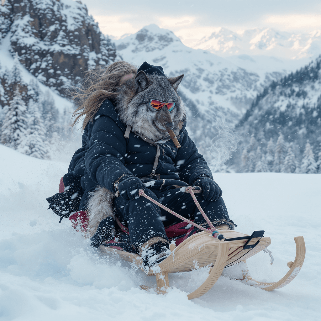 AI generated: Pablo Escobar smoking a cigar, Wolf Sledding through a snowy mountain landscape. With a beautiful wo...