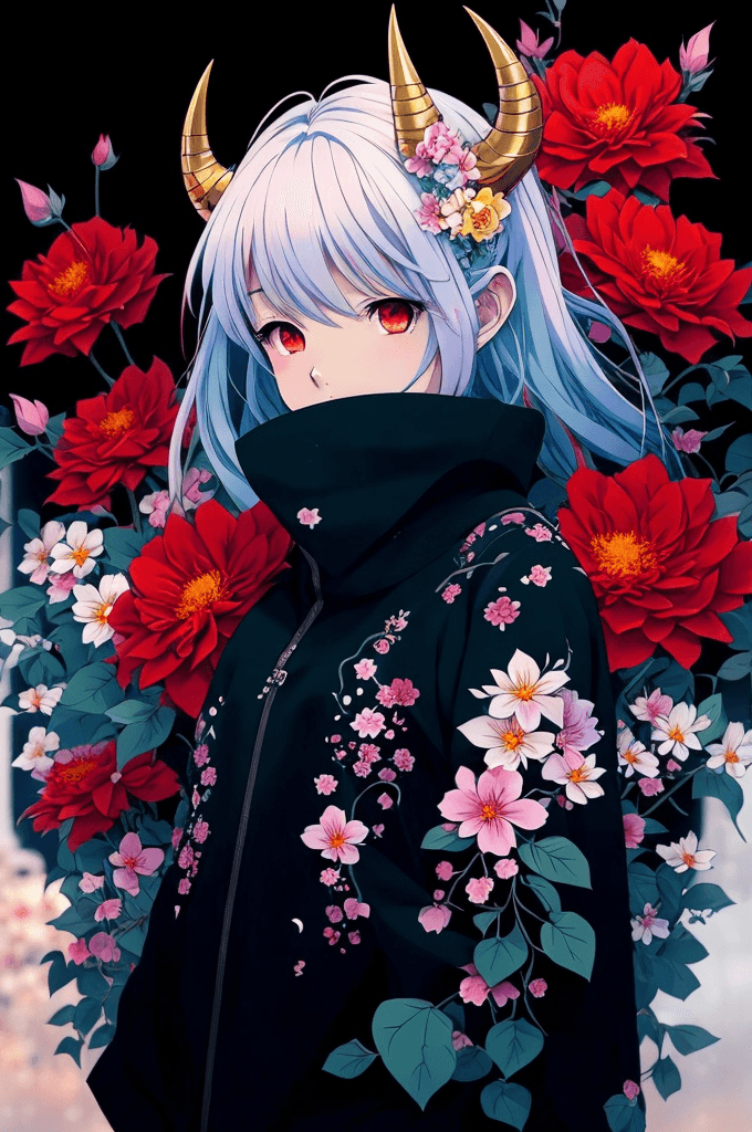 AI generated: anime girl with horns and flowers in her hair, anime aesthetic, anime vibes, anime style illustratio...