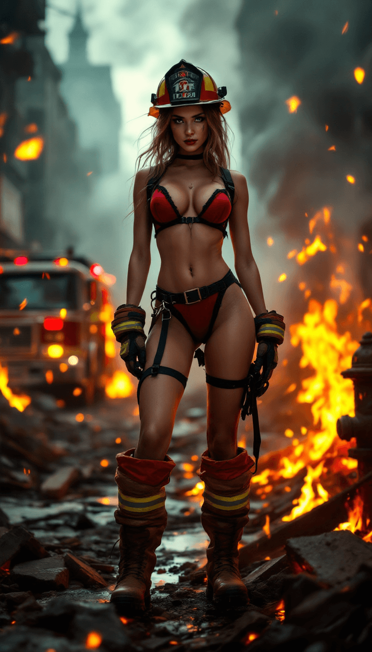 AI generated: a fierce and confident female firefighter standing amidst a dramatic urban scene of smoldering rubbl...