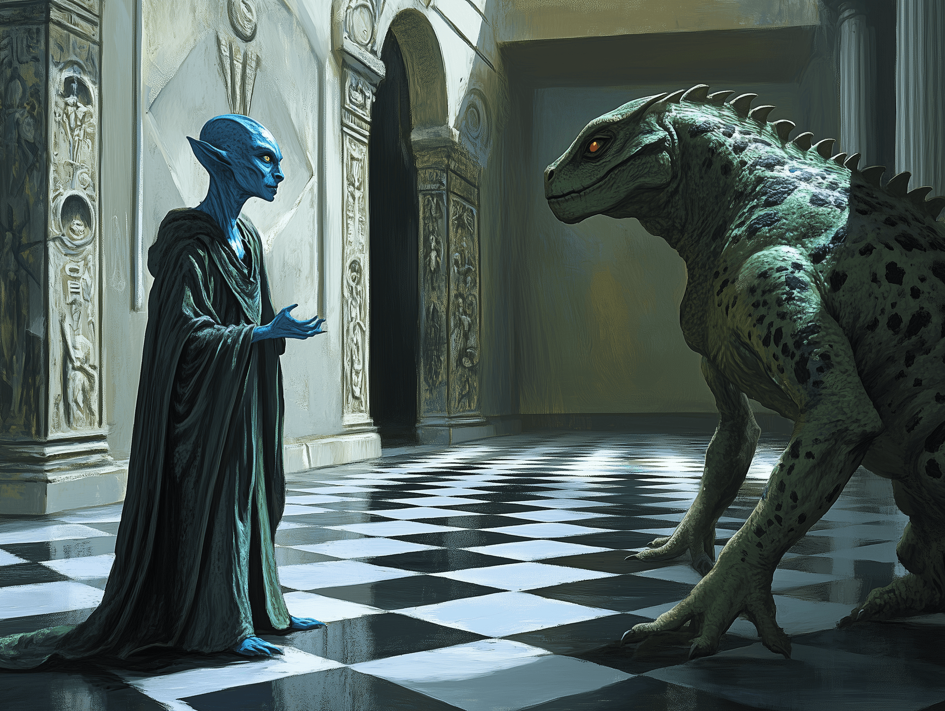 AI generated: A blue alien wearing robes stands in an ancient hall with black and white checkered floors, talking ...