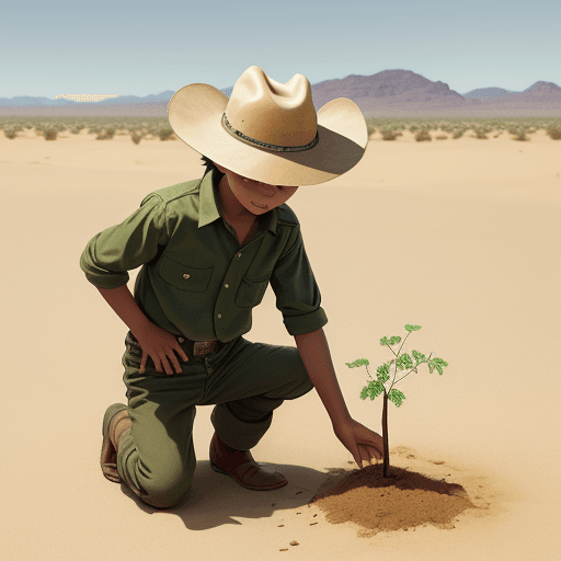 AI generated: hiper 
realistic image of a boy in green shirt and cowboy hat, planting an acacia tree on the ground...