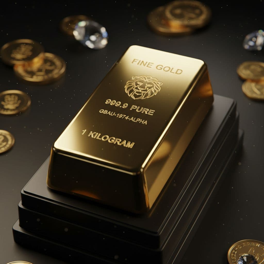 AI generated: ultra realistic gold bar, polished surface, engraved details, soft studio lighting, hyper-detailed m...