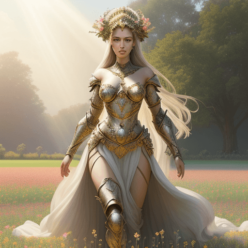 AI generated: hyperrealistic full length portrait of gorgeous goddess | standing in field full of flowers | detail...