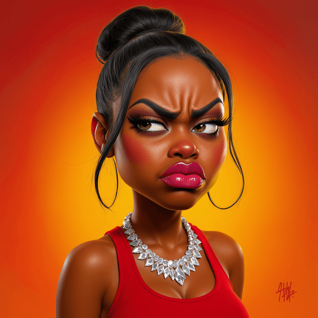 AI generated: Create a 3D render of a funny caricature featuring a young beautiful dark skinned African American w...