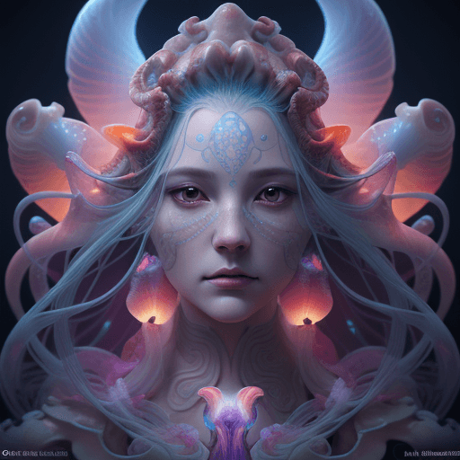 AI generated: Goddess close-up portrait ribcagel. jellyfish phoenix head, nautilus, orchid, skull, betta fish, bio...