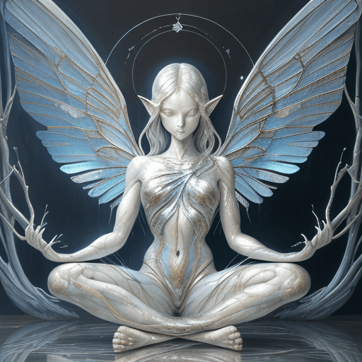 AI generated: oil painting by James Gurney, Alien in yoga pose crossed legs arms swinging to the side silver crack...