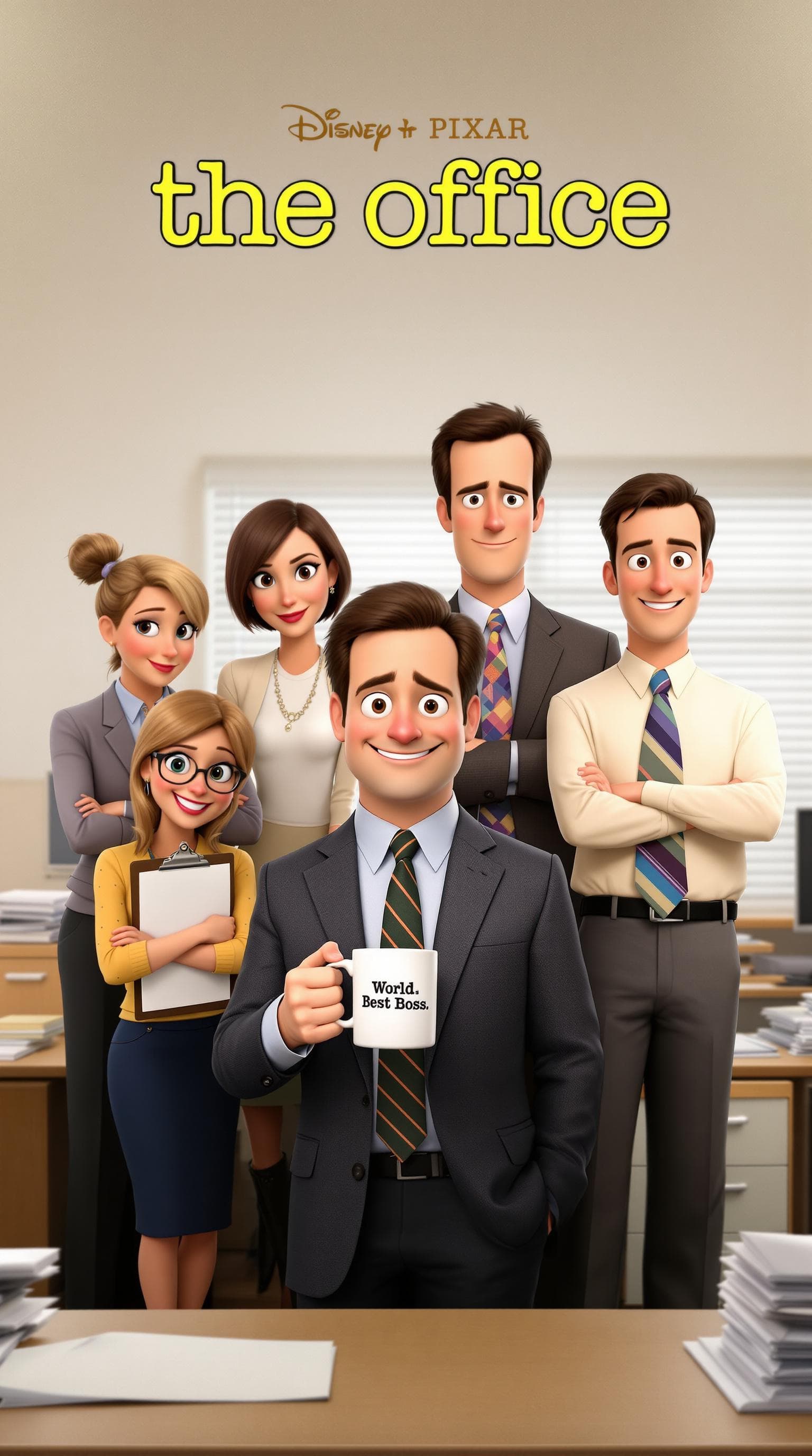 AI generated: A Disney Pixar-style group portrait of the cast members from 'The Office,' arranged in two rows, eac...