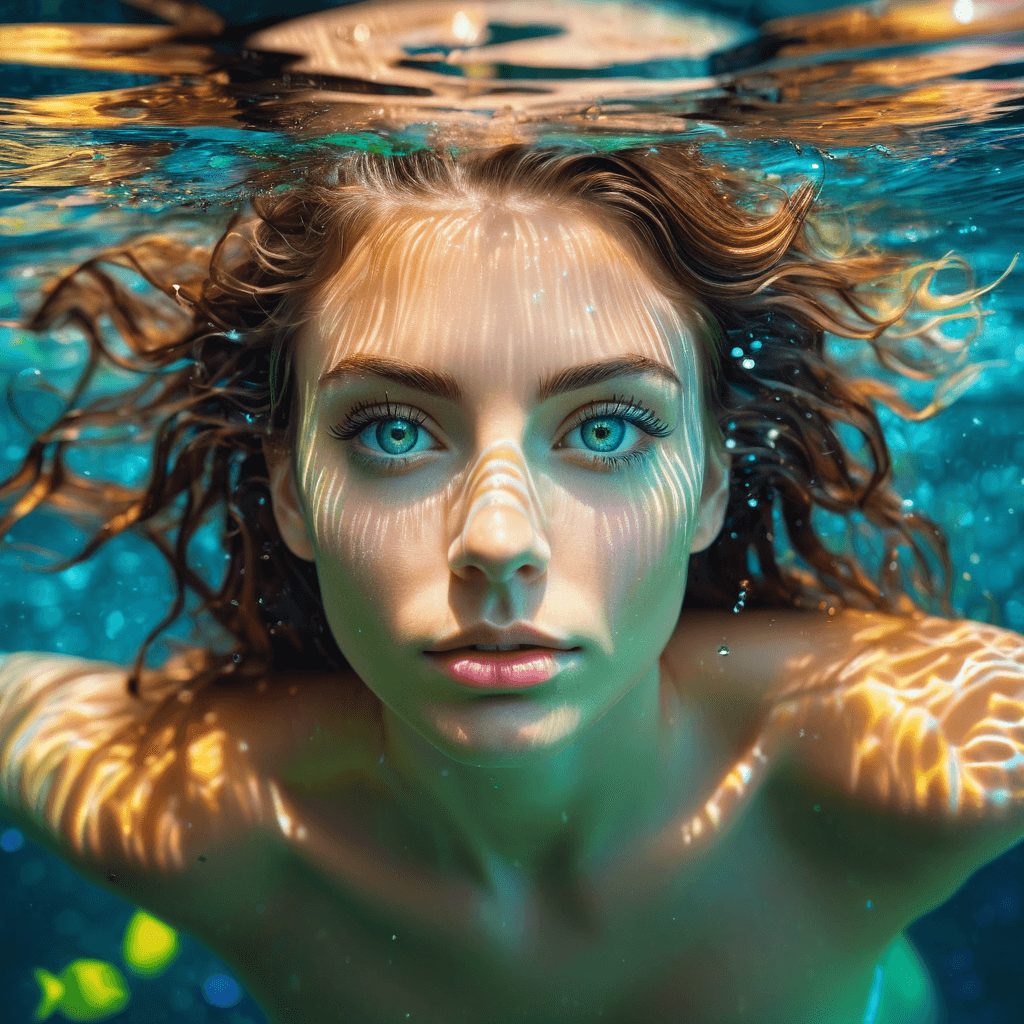 AI generated: A beautiful caucasian woman with big green eyes and long eyelashes and wavy wet hair is swimming und...