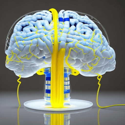AI generated: 3d plastic white brain with yellow and blue liquids with wires made from plastic in clean laboratory...