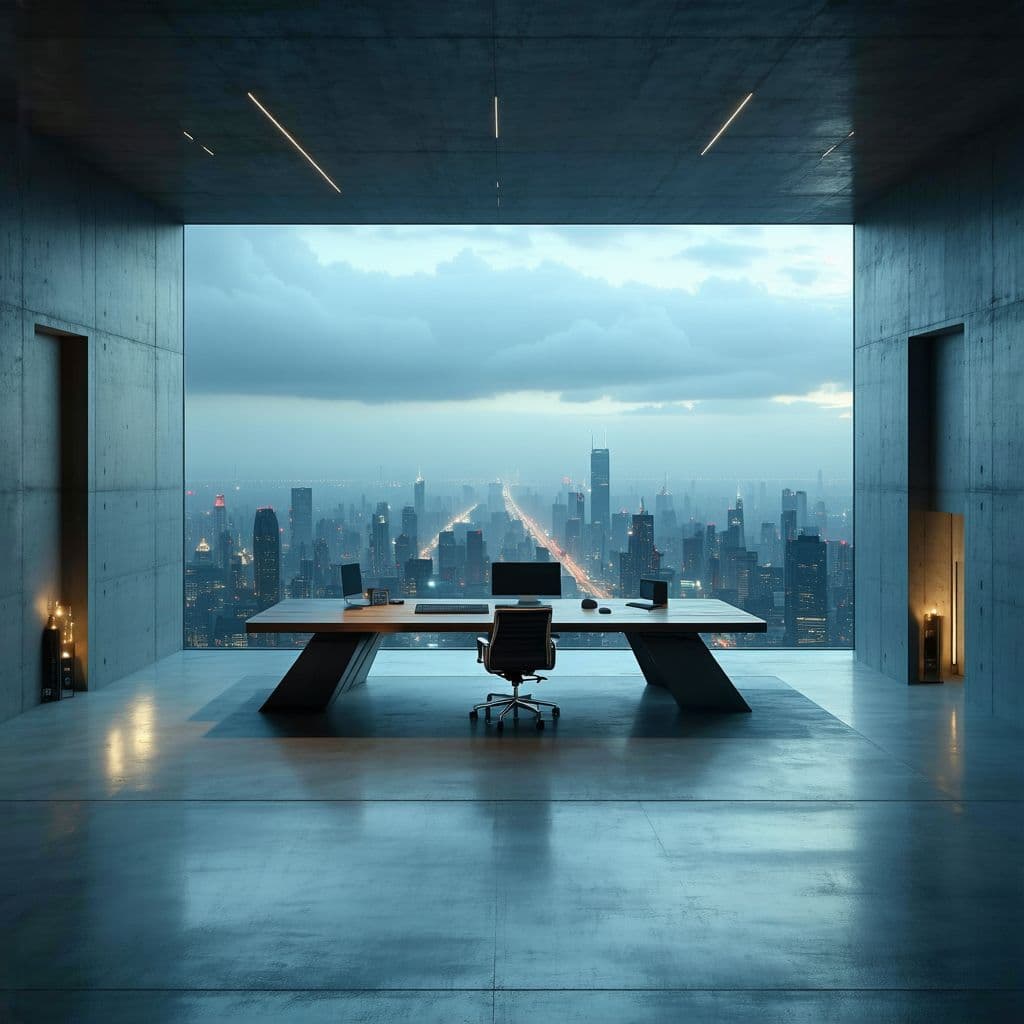 AI generated: Brutalist cyberpunk sanctuary positioned at the summit of a megalopolis, defined by a single expansi...