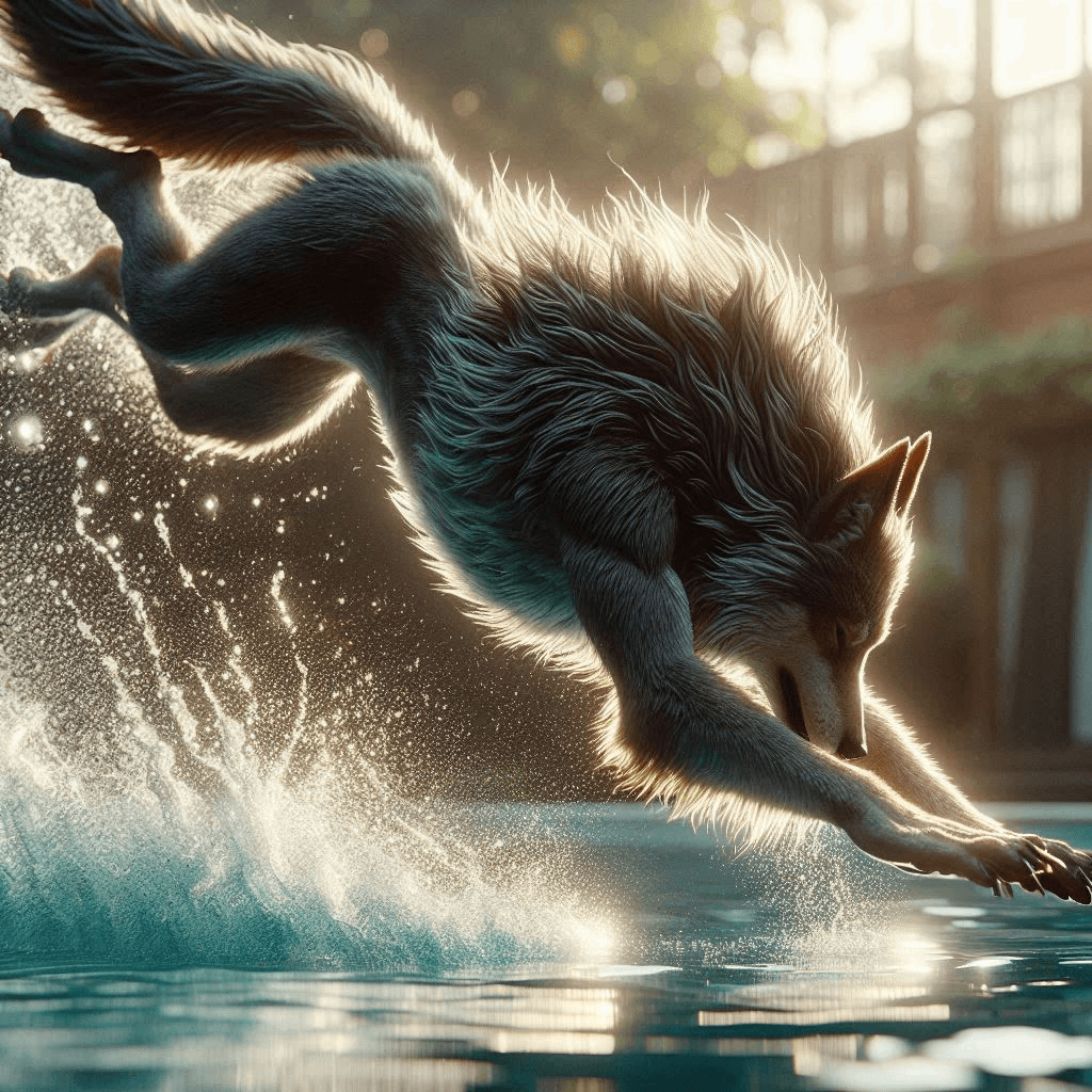 AI generated: Close-up professional cinematic 3D animation of a long-furred wolf man diving gracefully into a crys...