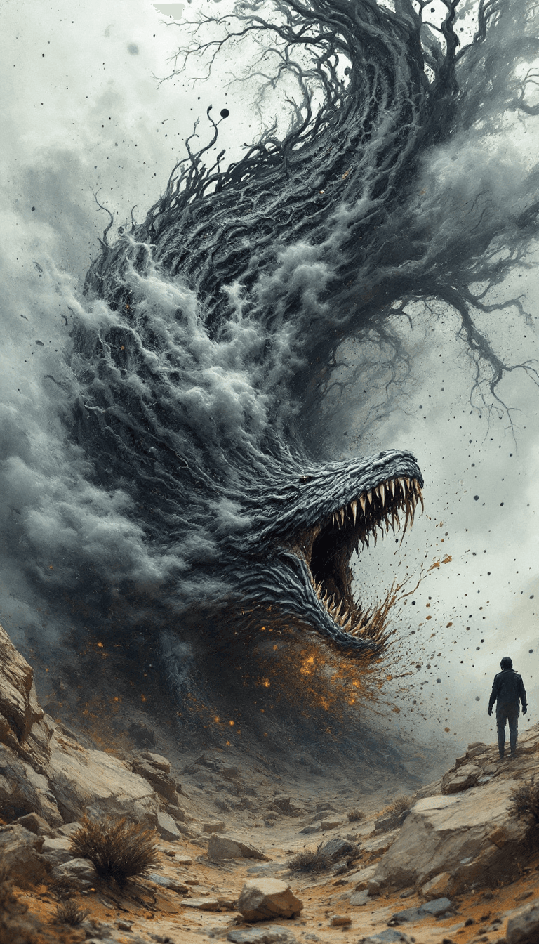 AI generated: High-accuracy photographic detail, representation of anxiety, slouching pocket leviathans, Photoreal...