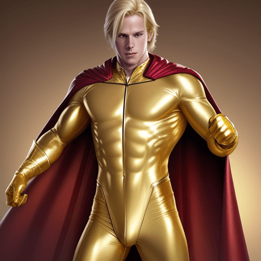 AI generated: male super hero named champion blond hair, no symbol, skin tight gold suit, gold cape, gold gloves
