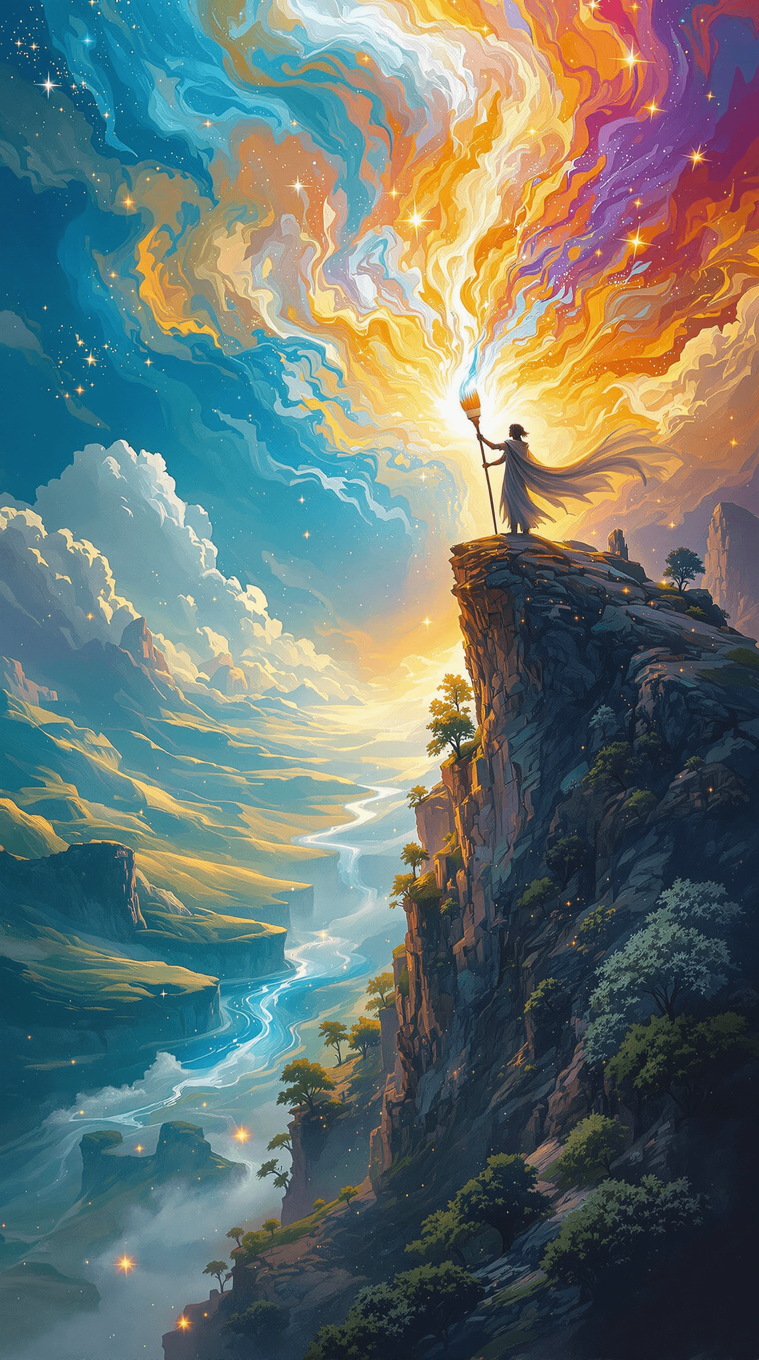 AI generated: (Ultra-high resolution, Hyper-detailed painterly artwork:1.5) A mystical painter stands atop a tower...