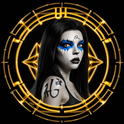 AI generated: "Ghost" in Bold Gold and Black 3D graffiti font. woman with long black hair, blue eyes, dark side, w...