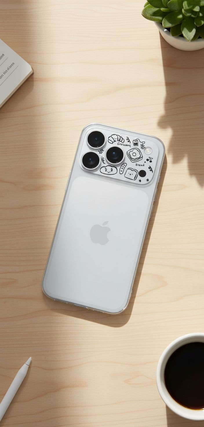 AI generated: Studio style. In a working desk. Face to the desk. Design of iPhone 17 back remain unchanged. Bright...