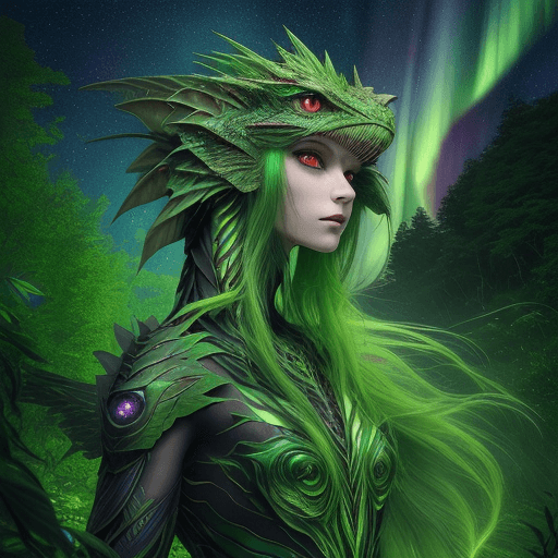 AI generated: High resolution photography of humanoid basilisk, red eyes, green hair, majestic vibe, set against a...