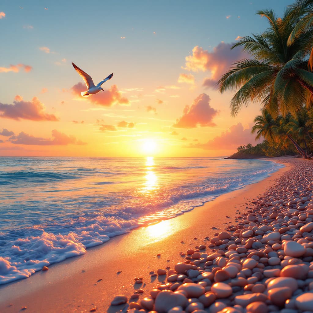 AI generated: Prompt: A serene sunset over a tranquil beach, where the golden hues of the setting sun reflect off ...