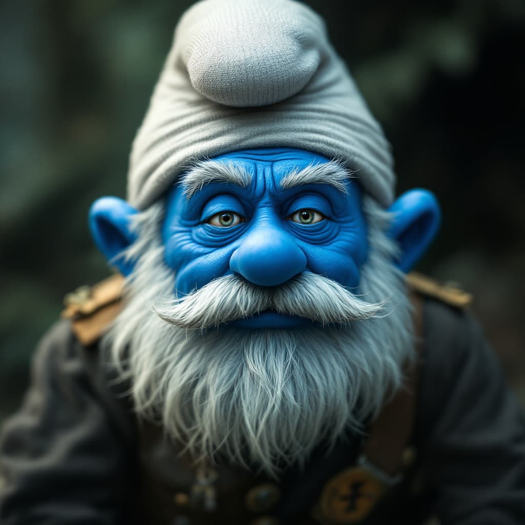 AI generated: Photo of smurf with the face from adolf hitler,more hiperrealism