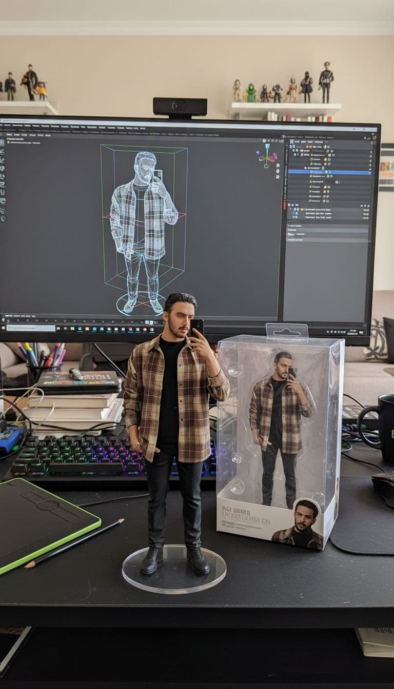 AI generated: Transforming the photographed person into a realistic 3D figurine in front of a computer desk. The c...