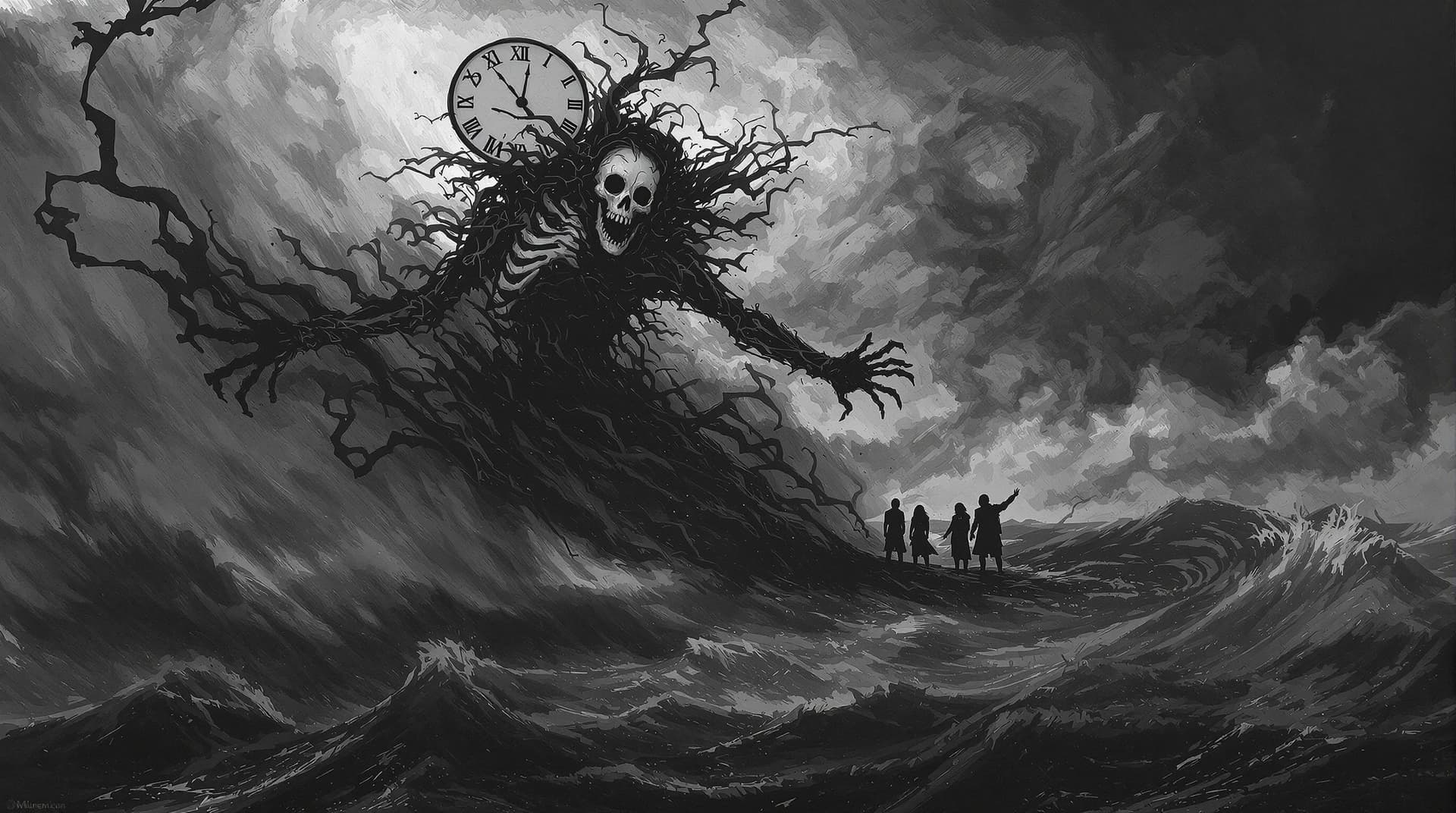 AI generated: The image depicts a hauntingly surreal scene in shades of black and white, filled with emotional int...
