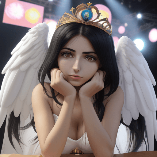 AI generated: o femeie cu chip angelic   ochi negri saten ,,ochi mari  sprancene drepte .parul este o parte prins ...