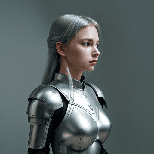 AI generated: a woman in armour, in the style of light white and dark silver, y2k aesthetic, soft, dream-like qual...